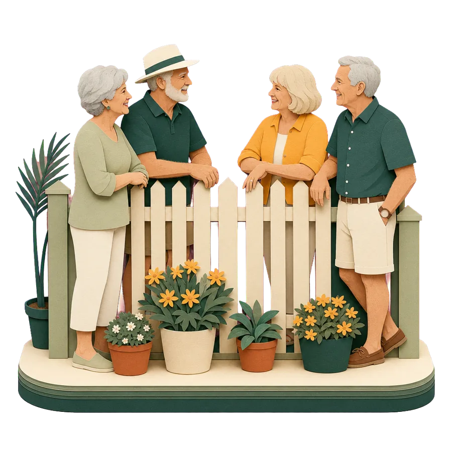 A retired couple chat with neighbours over a low fence, making friends during a trial year living overseas