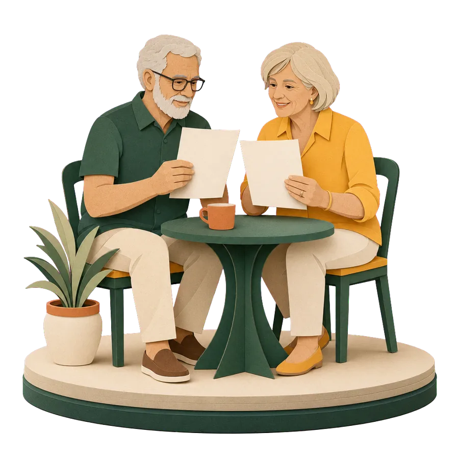 A retired couple compare two lists at a table, weighing up how a trial year overseas is going