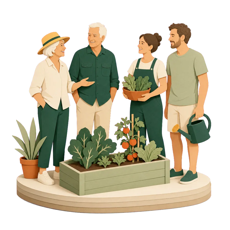 A couple around 70 showing house sitters their garden, looking after the house during a trial overseas