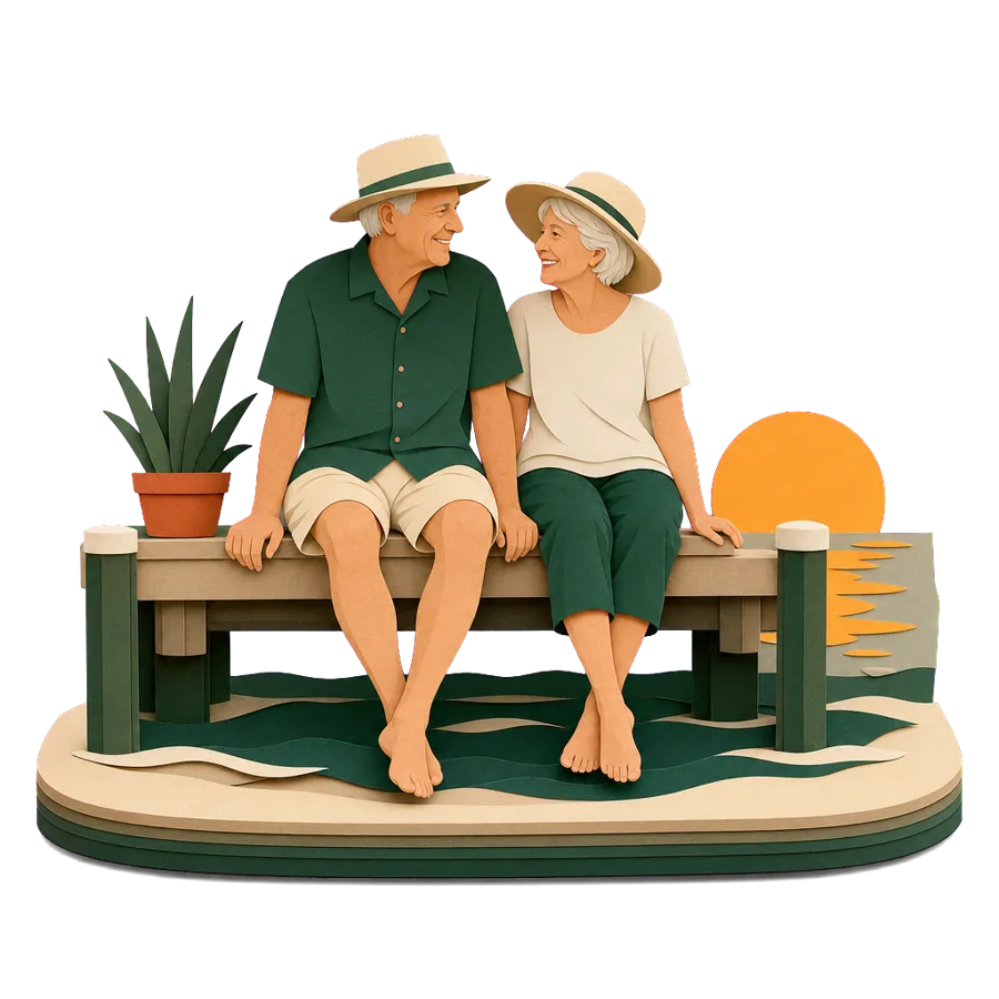 A couple in their late 60s on a jetty at sunset, trying overseas life in steps before deciding to move