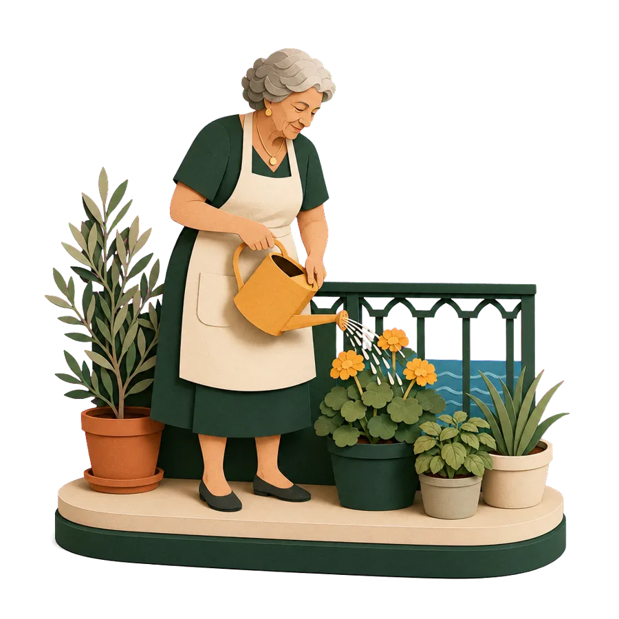A retired woman waters pots on an apartment balcony by the sea, at the overseas half of a two-base retirement