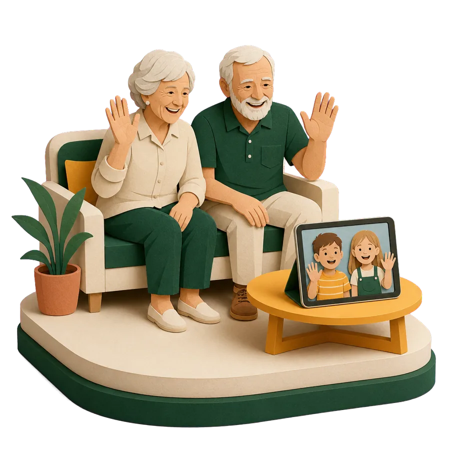 A retired couple on a sofa video call their grandchildren on a tablet, keeping in touch between two bases
