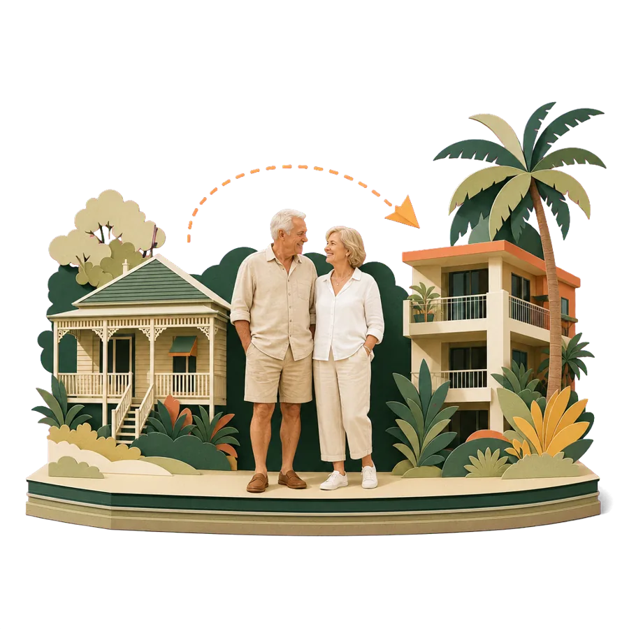A couple stand between a Queenslander house and a tropical apartment linked by a flight path, for two bases