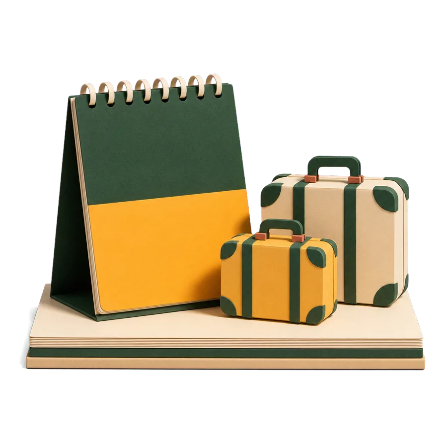 A blank year calendar split into two blocks beside two suitcases, for dividing the year between two homes