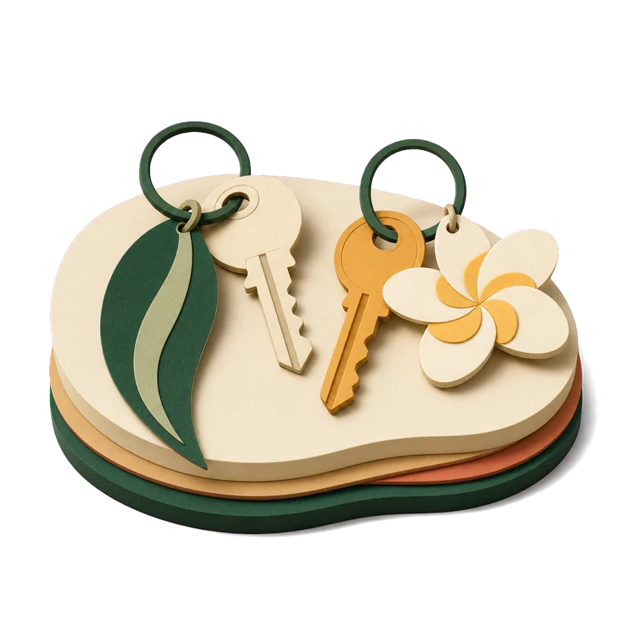Two house keys, one with a gum leaf tag and one with a frangipani tag, for keeping two bases in retirement