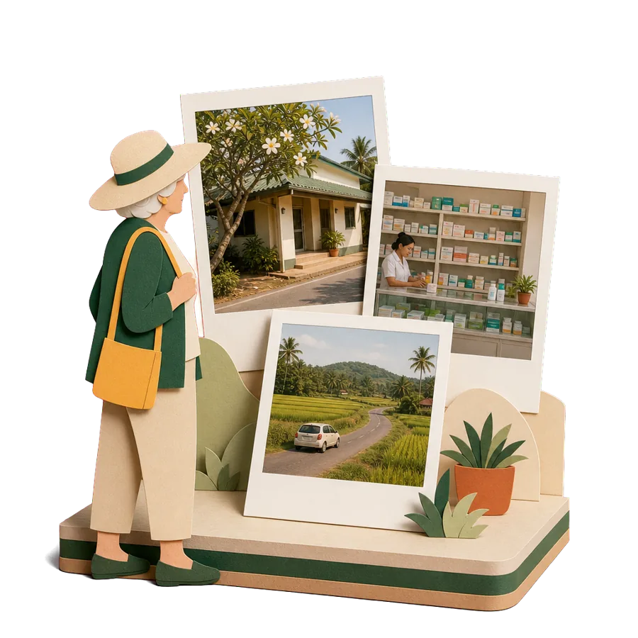 A retiree looks at photos of a village clinic, a pharmacy and the road out of Ubud, for health care there