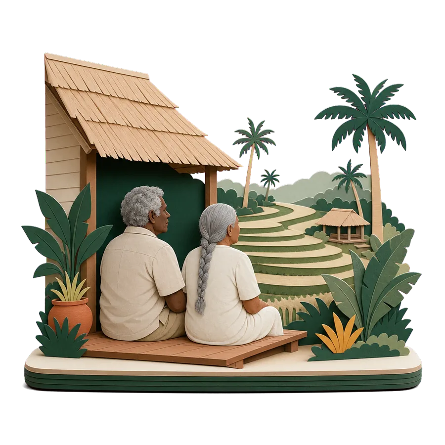 A retired couple sit on the veranda of a small house above rice fields, for where Australians live in Ubud