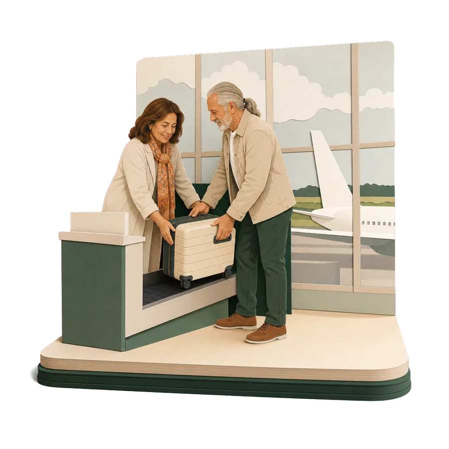 A retired couple lift a suitcase onto an airport check-in belt, for getting to the UK and coming home