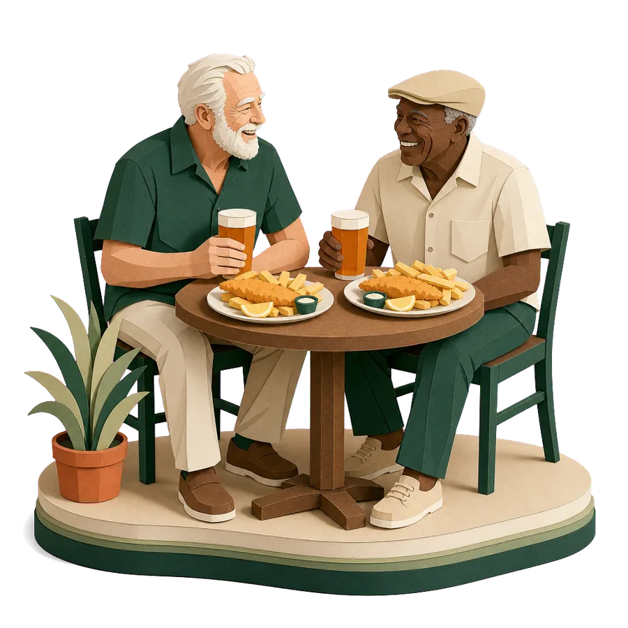 Two retired friends share a pub lunch of fish and chips, for what a month costs in the UK