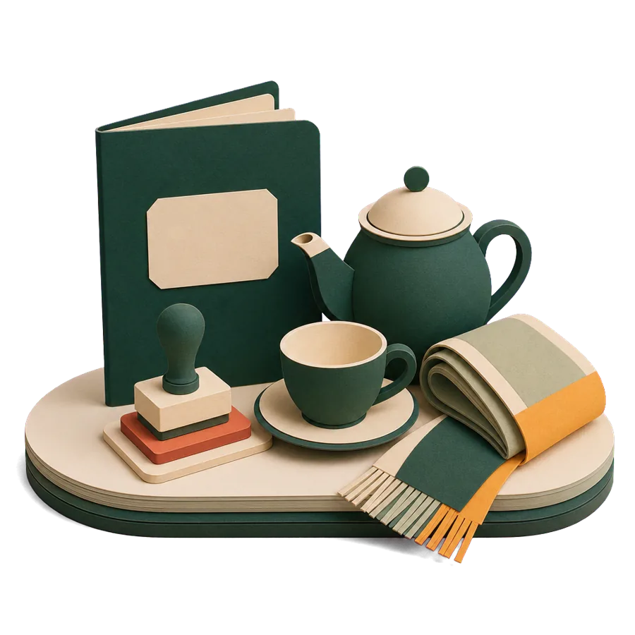 A generic passport with a blank stamp, a teapot and a wool scarf, for UK visas for Australians