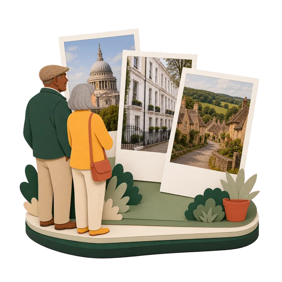 Retirees look at photos of St Paul's, a London terrace and a Cotswolds village, for retiring in the UK
