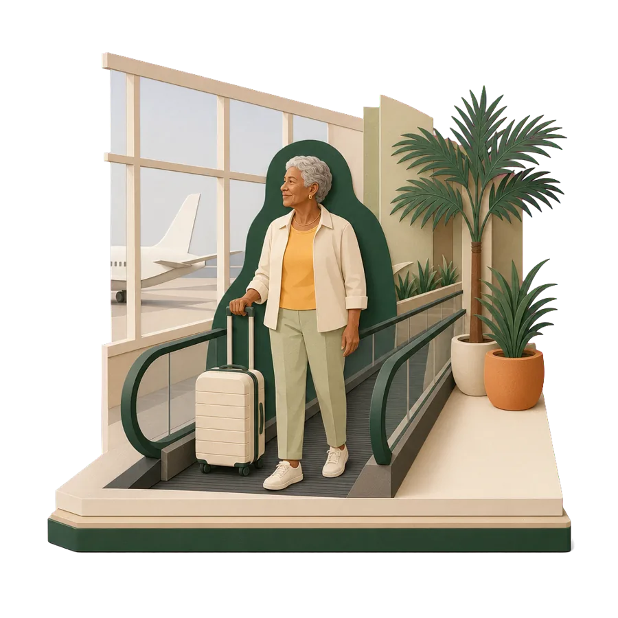 A retired woman rides a moving walkway with a carry-on bag, for getting to the US and coming home