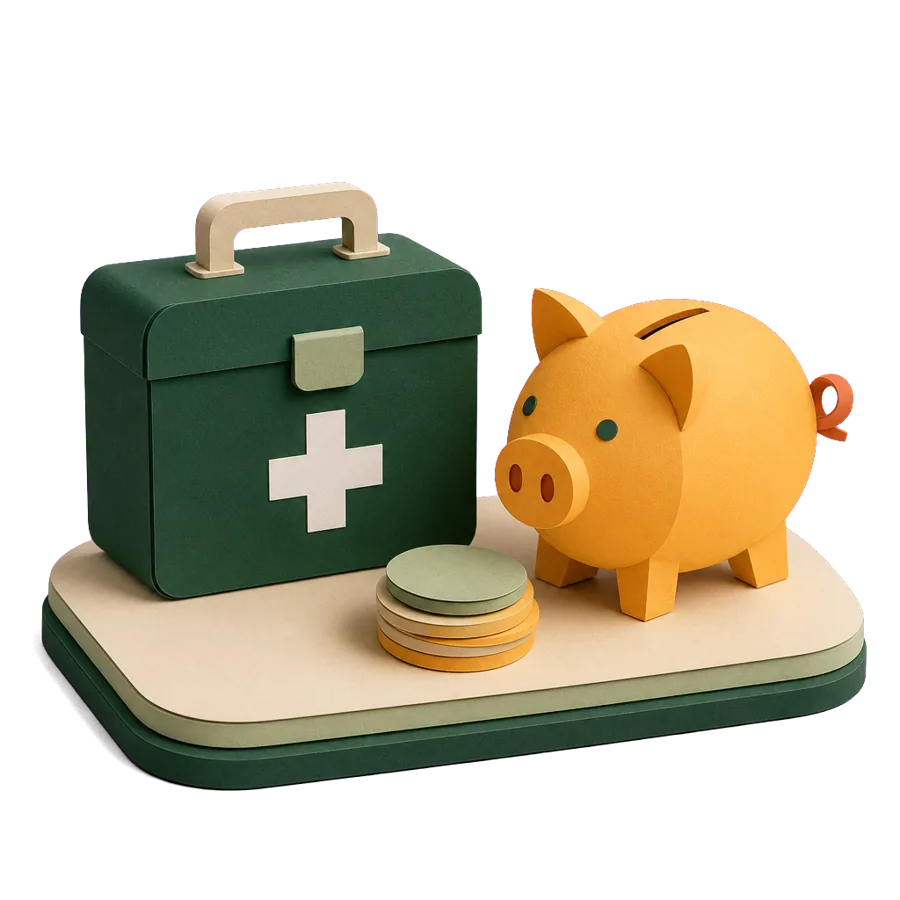 A first-aid box beside a piggy bank and coins, for health care and insurance costs in the US