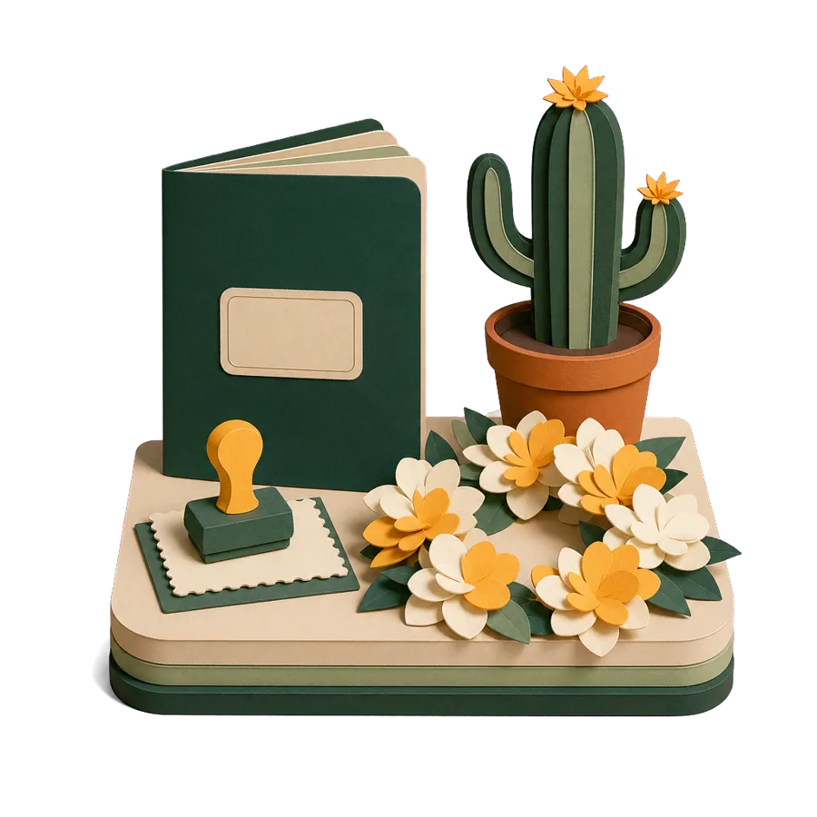 A generic passport with a blank stamp, a flower lei and a small cactus, for US visas for Australians