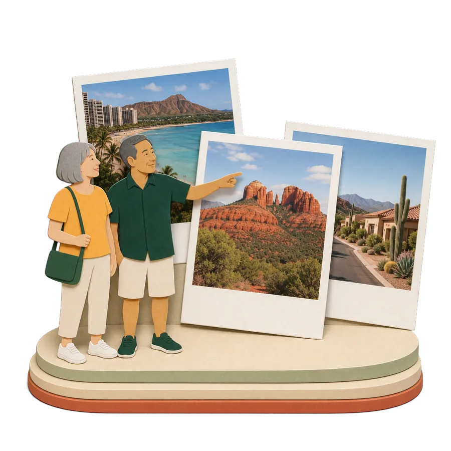 Retirees in the US look at photos of Waikiki and Diamond Head, Sedona's rocks and an Arizona street