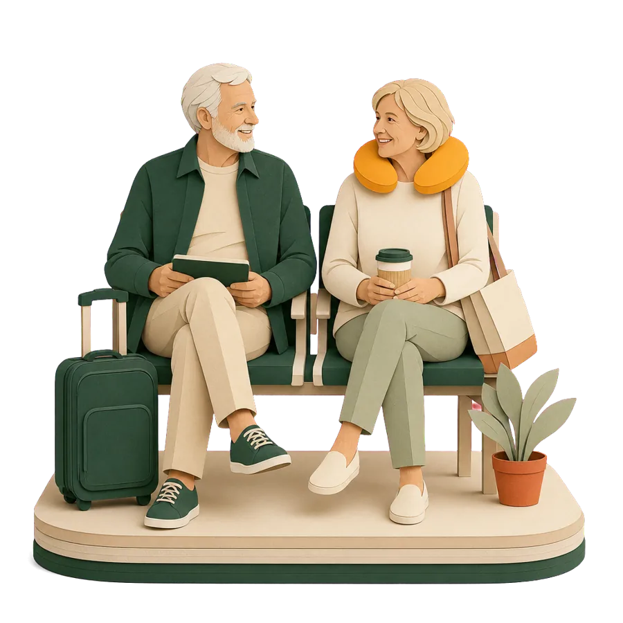A retired couple wait at a departure gate with a cabin bag, for flying between Australia and Vietnam