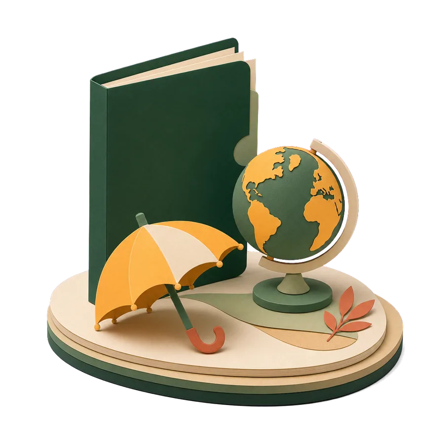 A plain insurance folder, a paper globe and an umbrella, for health insurance and evacuation cover in Vietnam