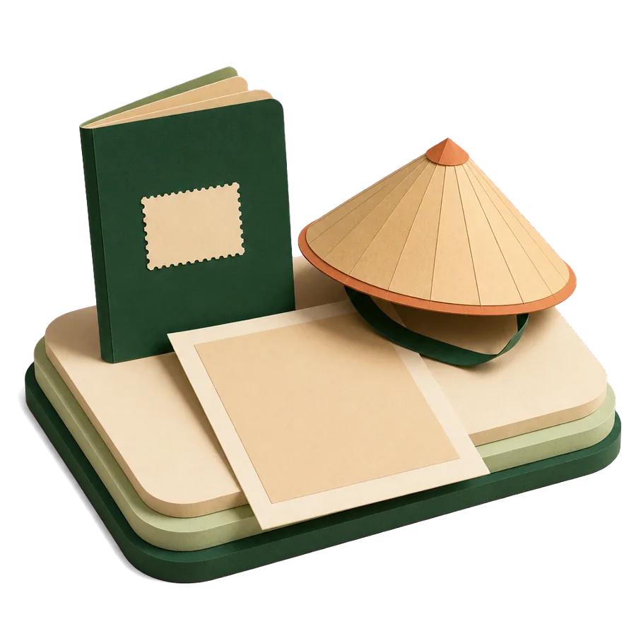 A generic passport, a blank printed page and a conical hat, for the 90-day eVisa for Australians in Vietnam