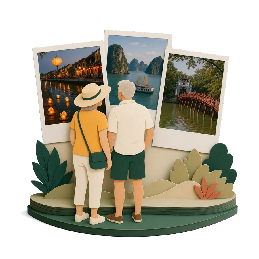 Retirees in Vietnam look at photos of Hoi An old town lanterns, Ha Long Bay islands and Hoan Kiem Lake in Hanoi