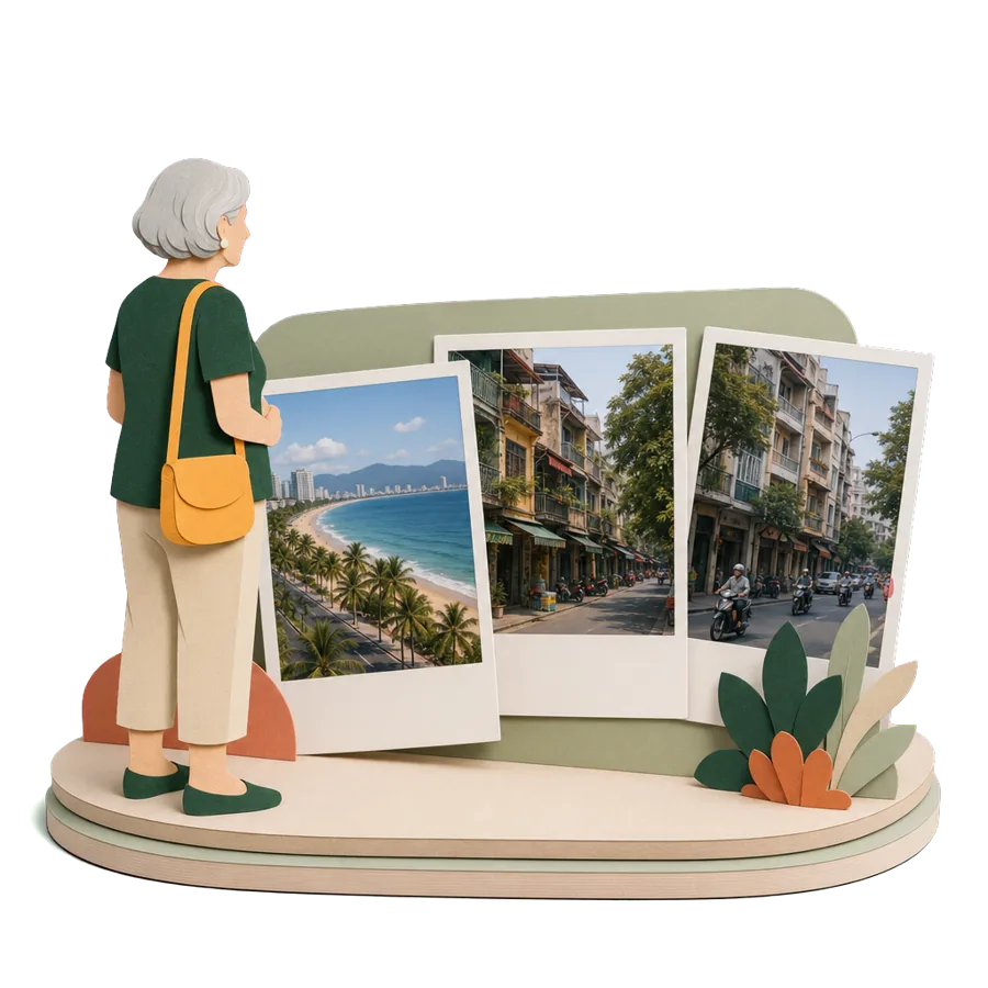 A retiree looks at photos of Nha Trang beach, a Hanoi Old Quarter street and Saigon scooters, for where to live in Vietnam