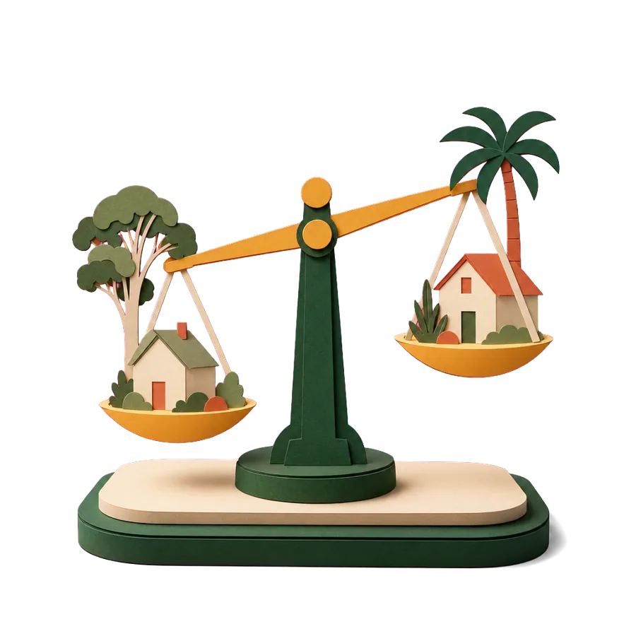A balance scale with a house in Australia and a house overseas, comparing retirement costs in Australia and overseas