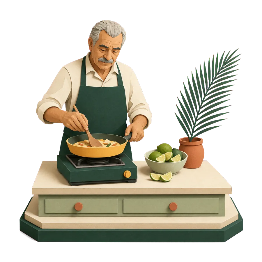 A man in his late 60s cooking at home overseas, checking whether he can live overseas on the Age Pension alone