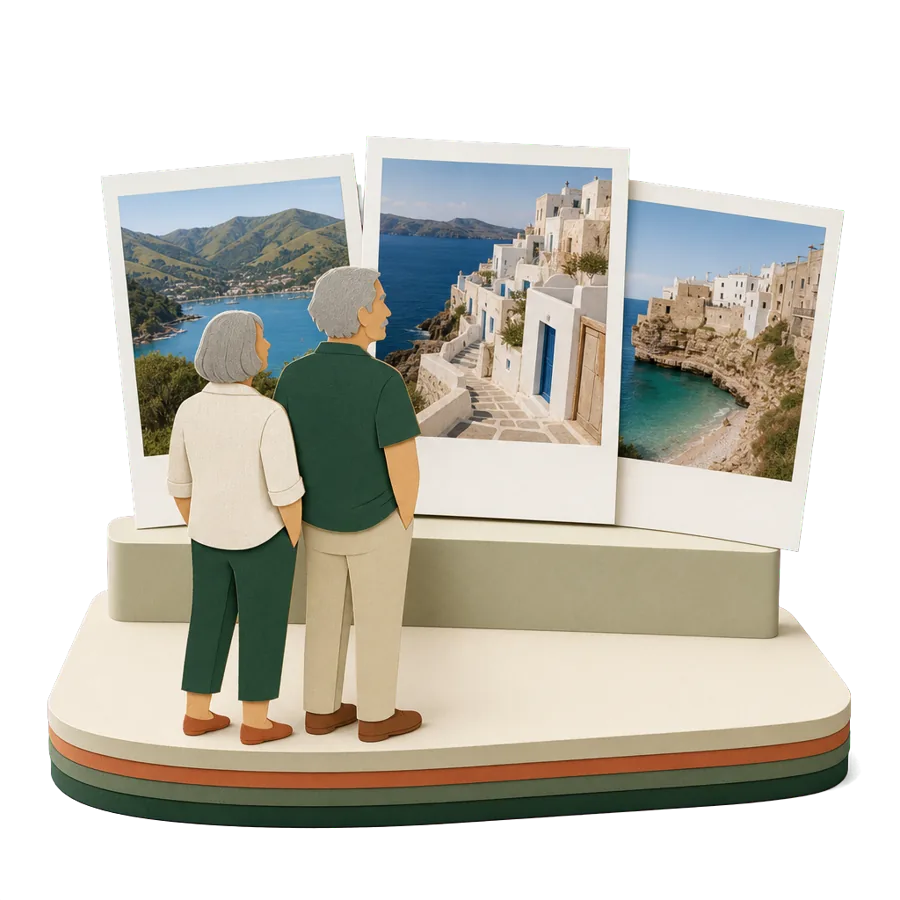 A couple in their late 60s looking at photos of New Zealand, a Greek island and southern Italy, the three countries where almost half of overseas Age Pensioners are paid