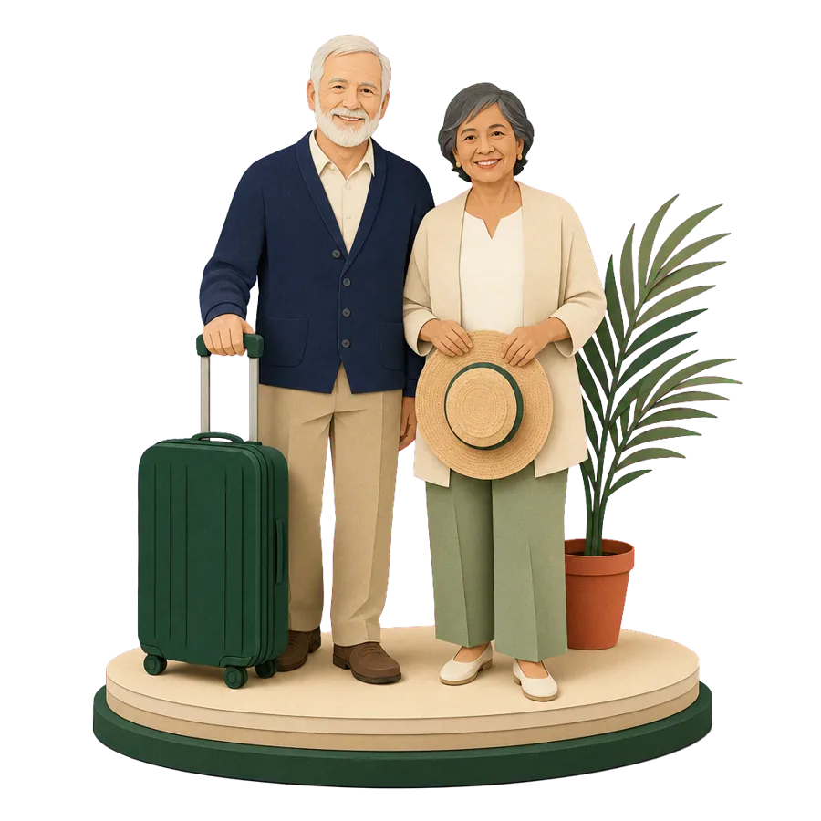 A couple around 70 standing with a small suitcase, ready for a winter away, the kind of trip the overseas Age Pension figures do not count