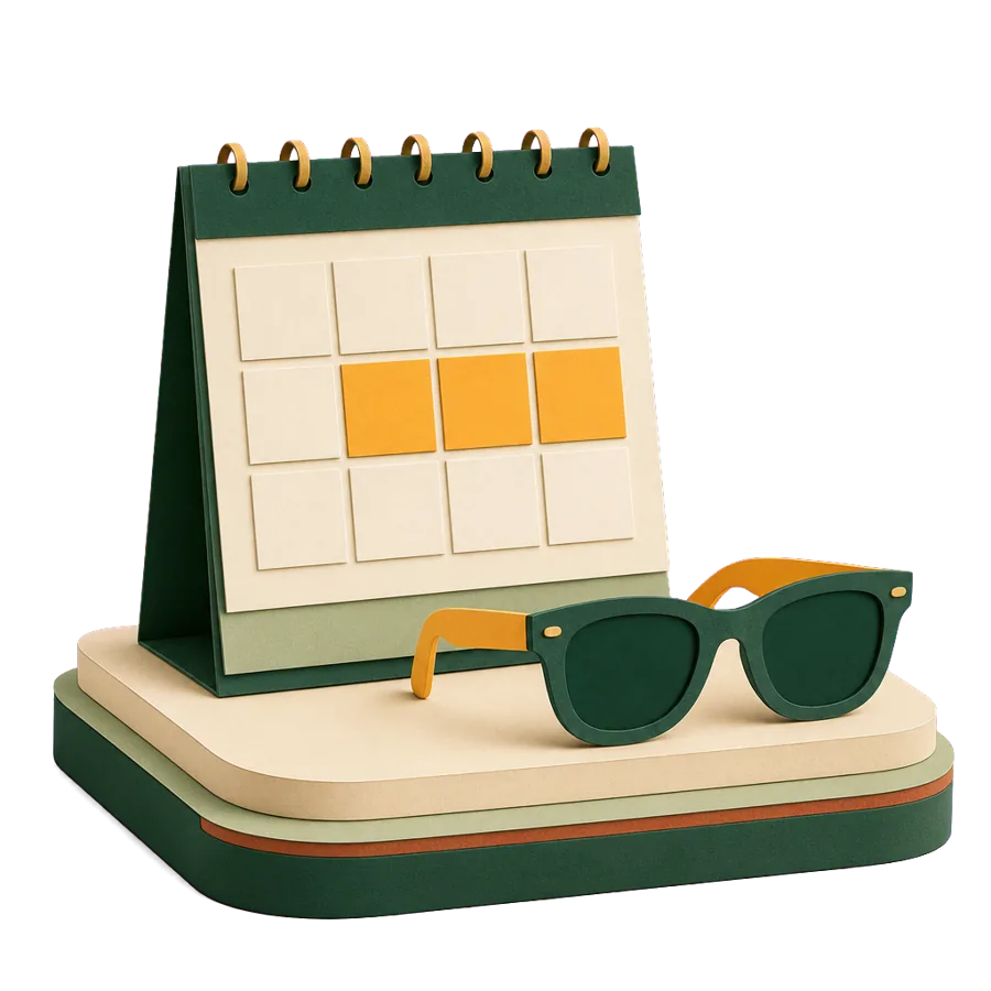 A blank calendar with the three winter months shaded beside sunglasses, for planning a winter away from Australia
