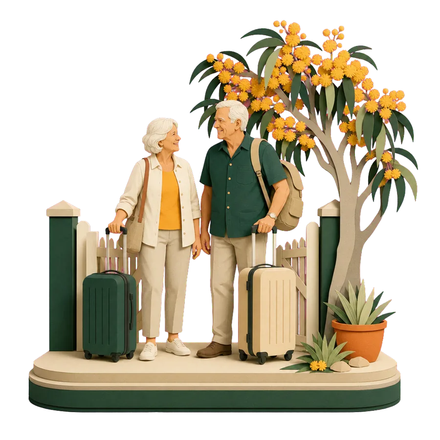 A retired couple arrive home with suitcases beside a flowering wattle, back in Australia after a winter away