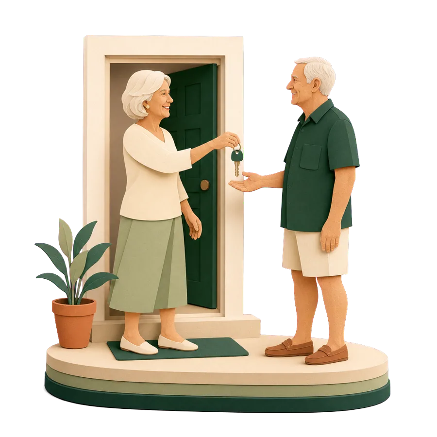 A retired woman hands her house key to a neighbour at the front door before a winter away overseas