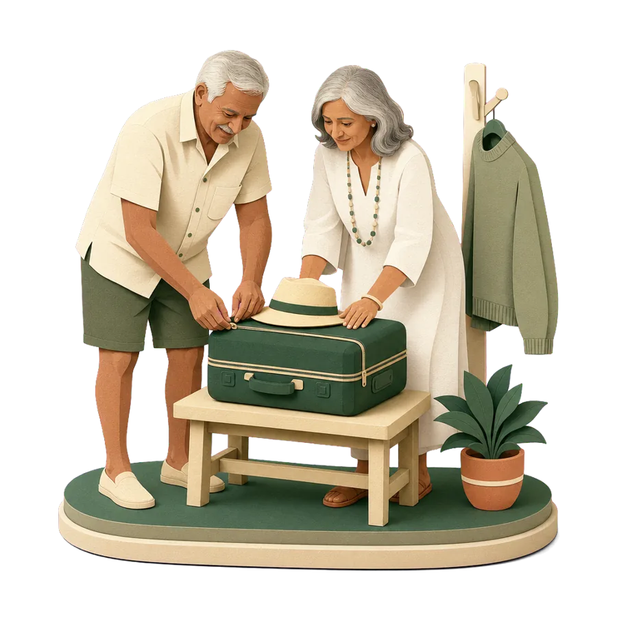 A retired couple pack summer clothes and a sun hat, leaving a jumper behind, to spend winter away overseas
