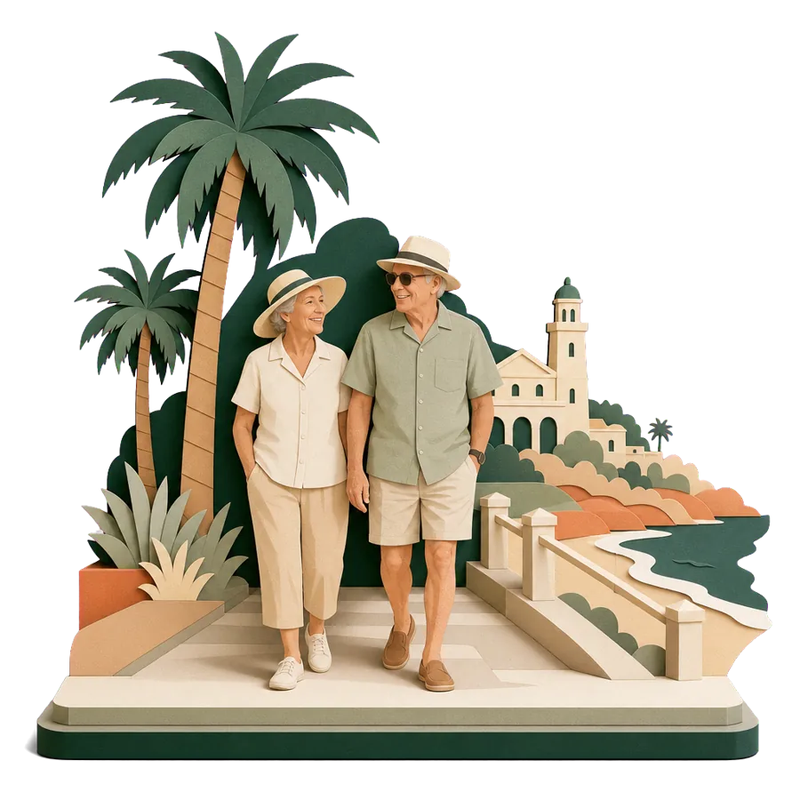 A retired couple in sun hats walk a palm-lined seaside promenade, spending the Australian winter somewhere warm