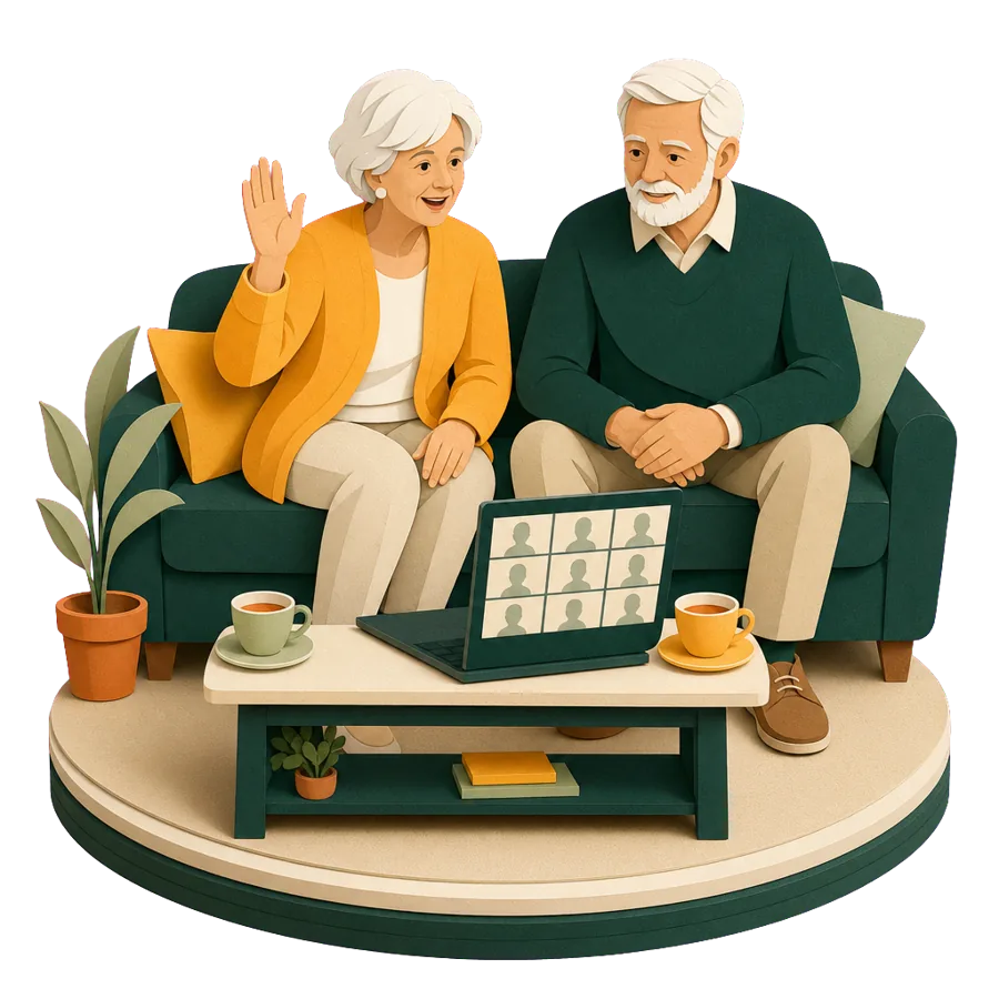 A couple on their sofa raising a hand to ask a question in an online workshop