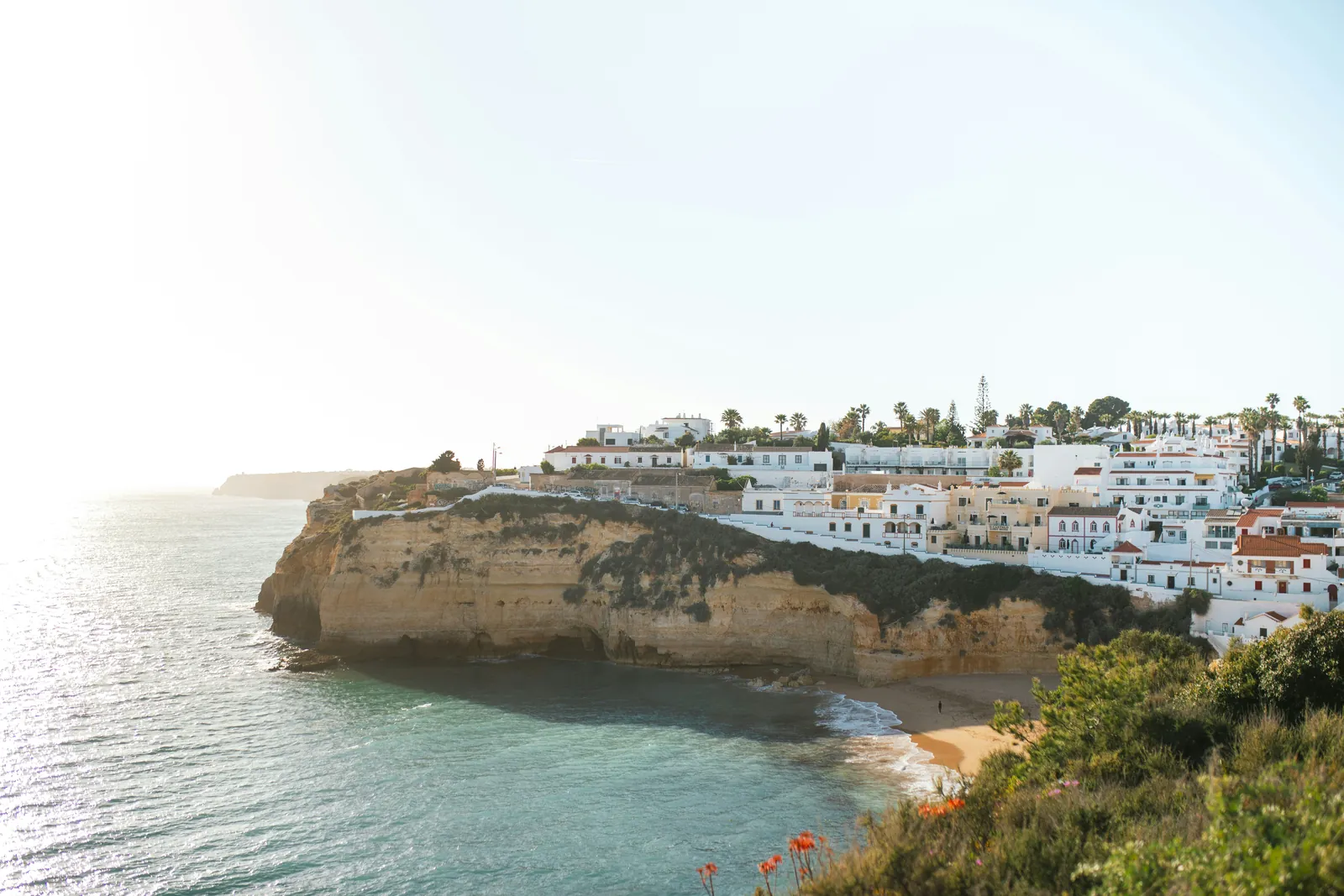 A cluster of white houses and palm trees on top of a golden sandstone headland above a small sandy cove, with the sea shining in low sun at the left and red flowers in the green scrub in the foreground