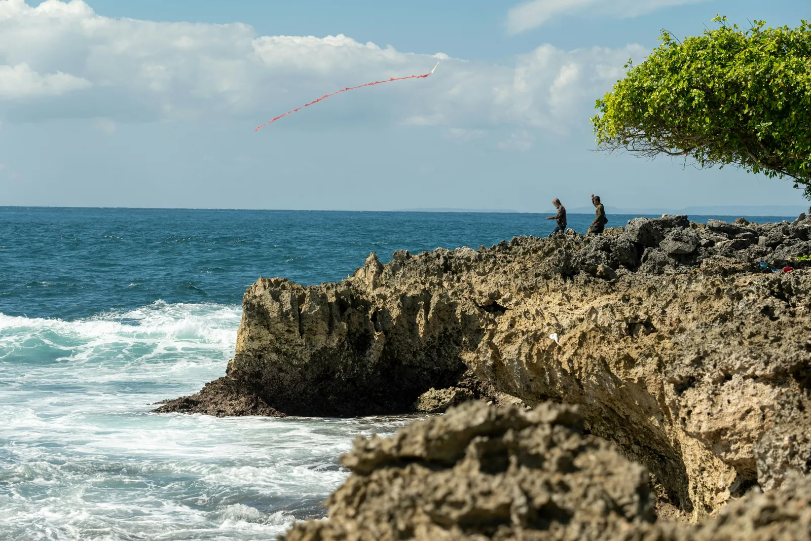 Waves breaking on rugged limestone rocks on the Nusa Dua coast, with a kite in the sky and a tree at the edge