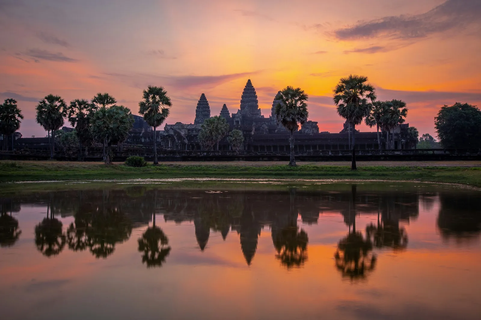 Towers of Angkor Wat and sugar palms in silhouette against an orange sunrise sky, mirrored in a still pond