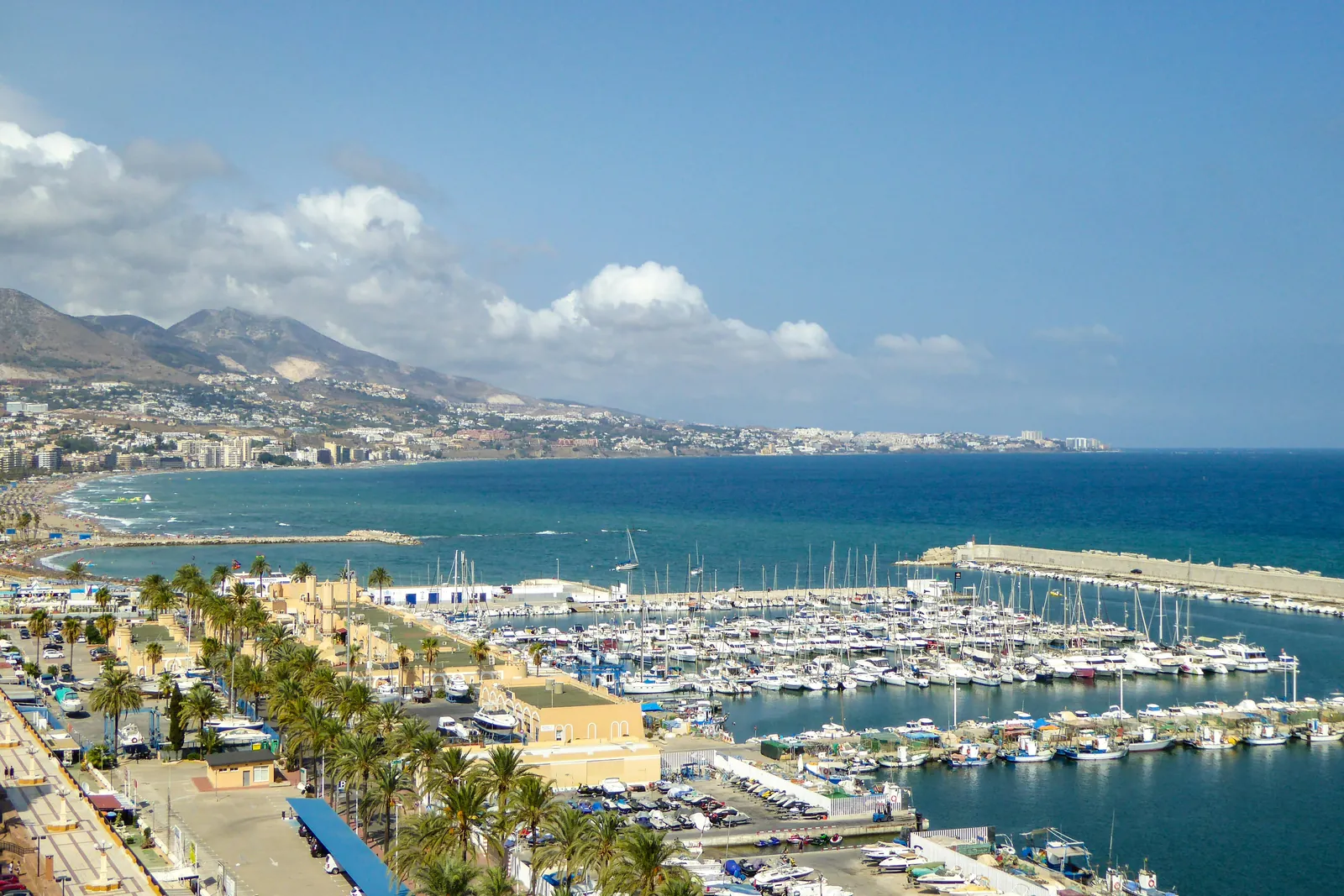 A marina full of boats beside a row of palm trees, with a long sandy beach, apartment blocks and hills along the coast behind