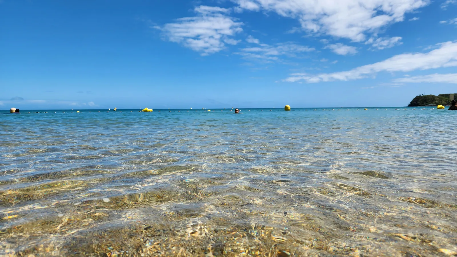 Clear shallow water over pale sand, with a line of swimming buoys and a few distant boats under a blue sky