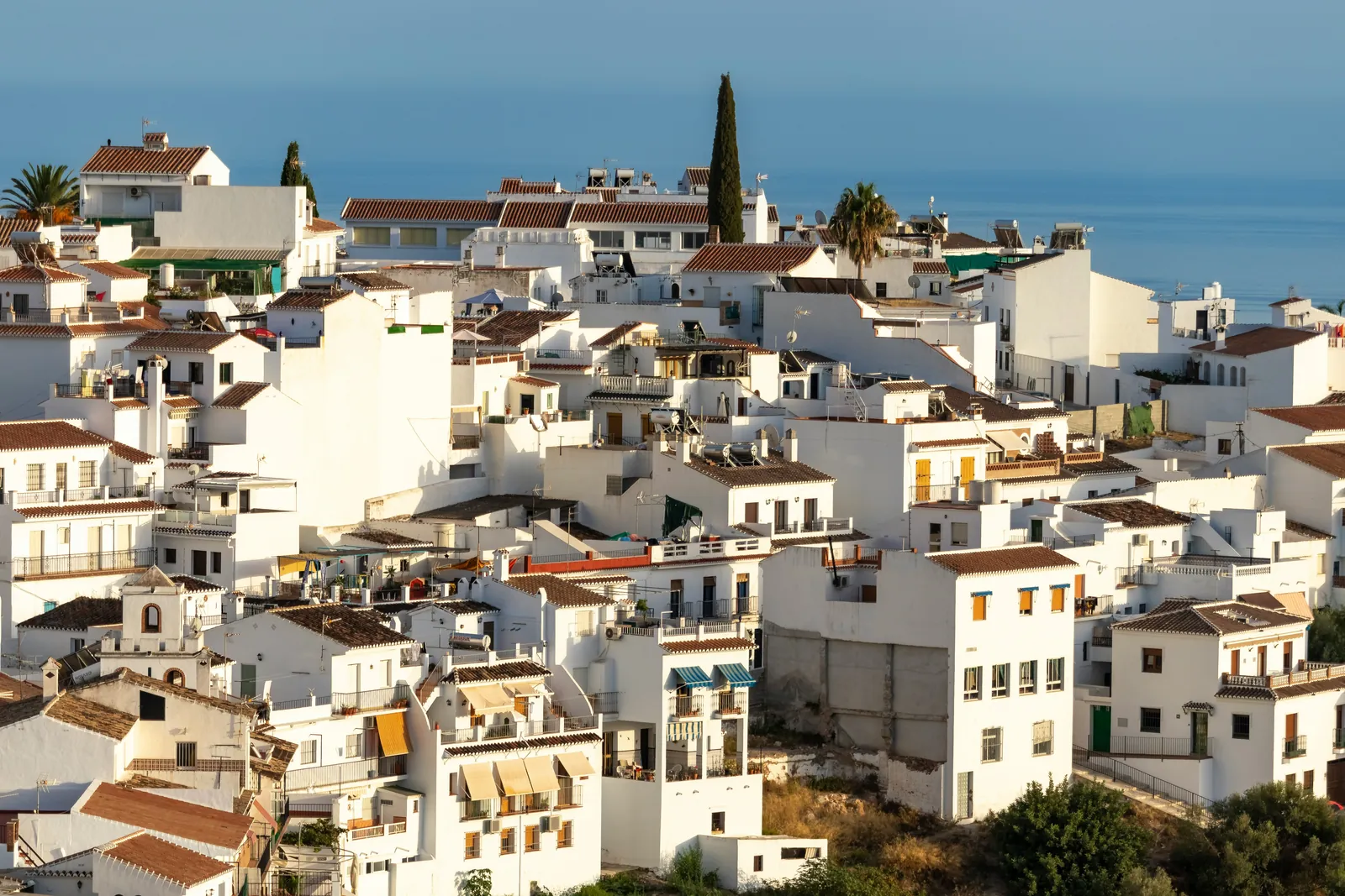 Whitewashed houses with tiled roofs stacked on a hillside, a tall cypress among them and the blue Mediterranean on the horizon